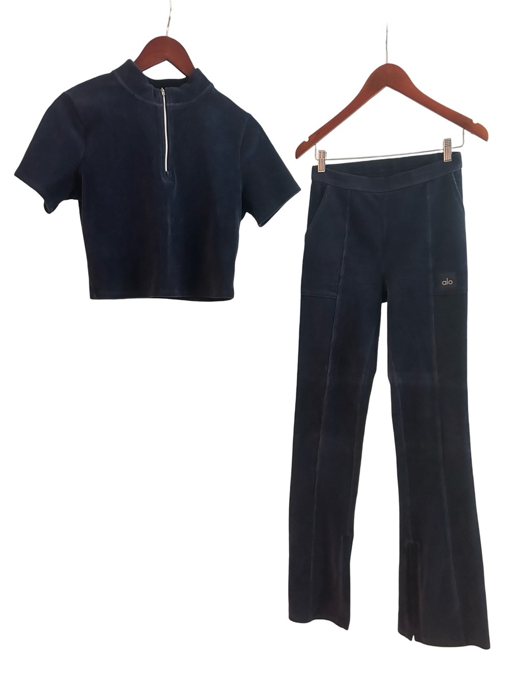ALO Yoga Dark Navy Velour Flare Pants with Matching Short Zip Top